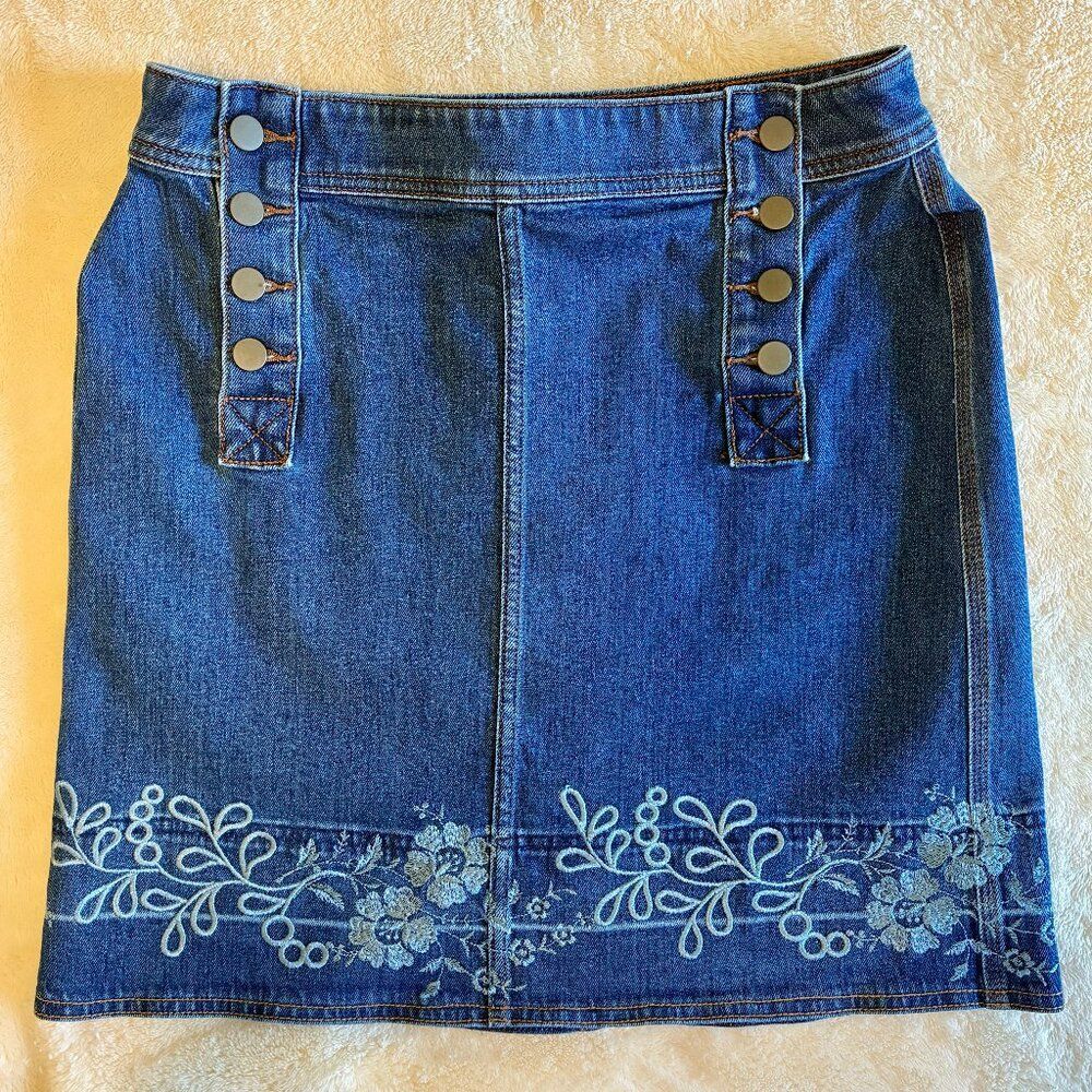 Loft Jean Skirt Women's 6 Petite Floral Embroidery Blue Denim Skirt